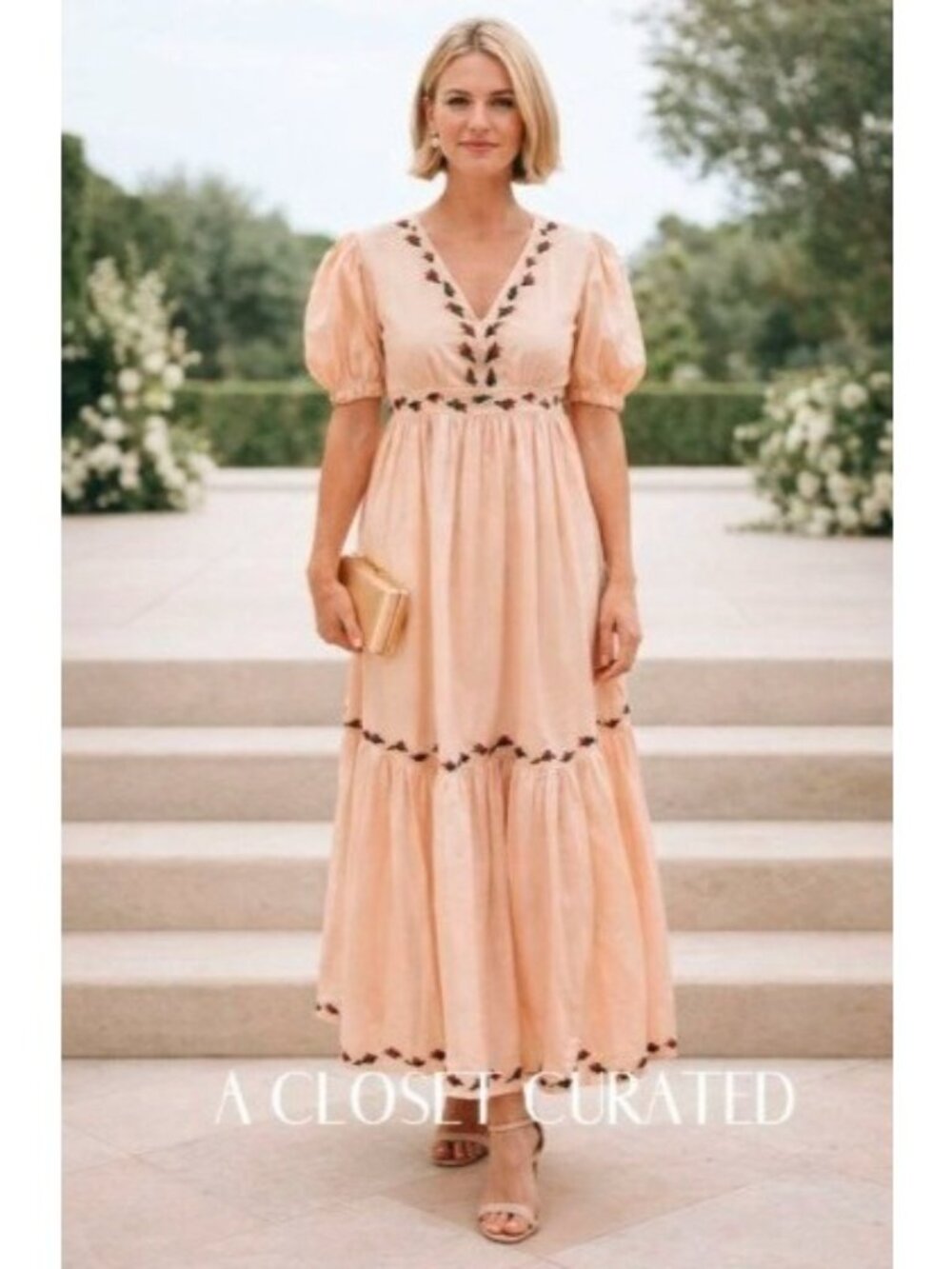 Fanm Mon Aktur Dress Women's Size XS Peach 100% Linen Embroidered Puff Sleeve